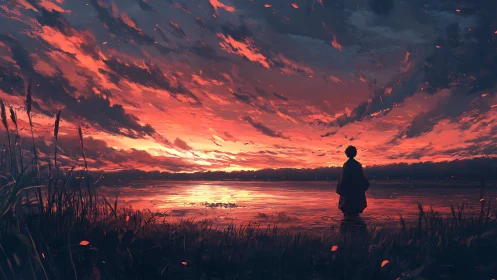 Solitary human figure stands in shallow lake at sunset