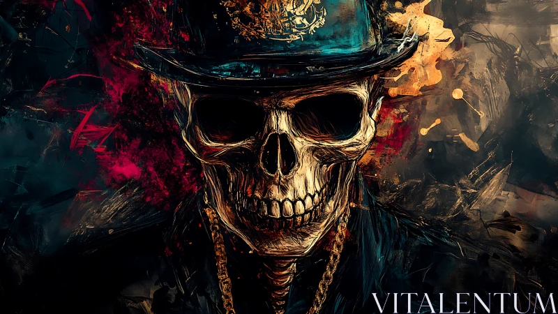 Baroque-styled skeletal portrait with top hat and abstract blaze