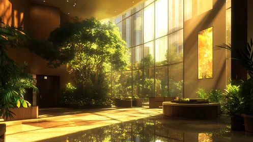 Golden morning light fills a lush, tranquil atrium garden