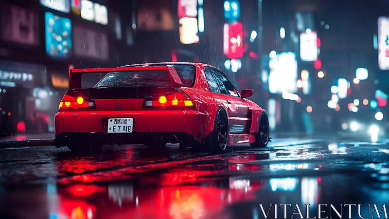 Red tuner car idles in neon city street during rain