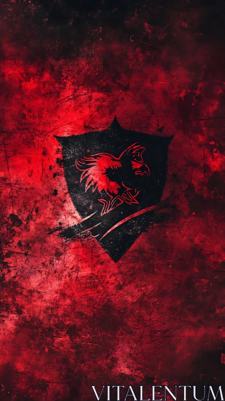 Shield emblem with stylized rooster on distressed red field