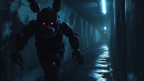 Animatronic creature advances through dark wet corridor