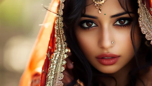 Glimmering bridal gaze rests beneath an ornate golden veil