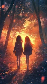 Girls walk forest path into glowing sunset light together.