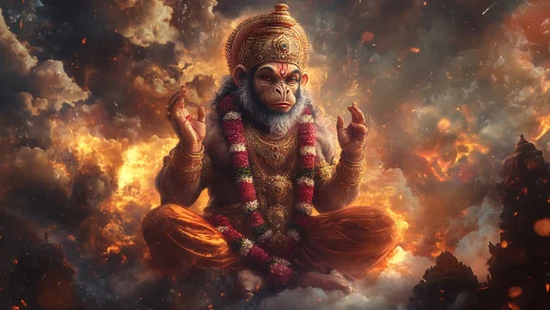 Divine monkey deity meditates in swirling cosmic firestorm.