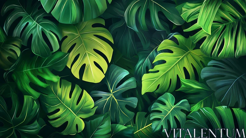 Overlapping tropical monstera leaves form dense foliage