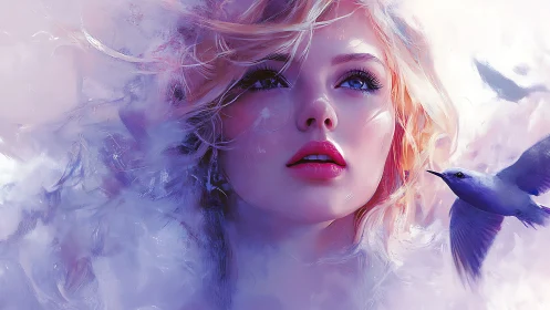 Ethereal blonde portrait with violet light and soaring bird.