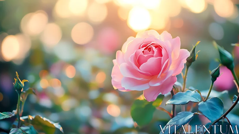 Pink Rose in Soft Light with Blurred Background.