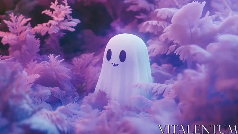 Cute ghost glows inside dreamy purple fantasy forest.