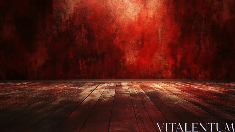 Red textured wall with wooden floor in empty interior.