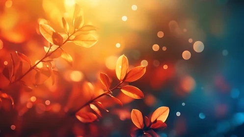 Sunlit autumn leaves glow against soft bokeh background.