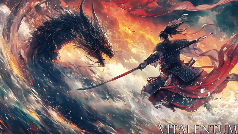 Samurai warrior confronts fire dragon amid storming sea clash