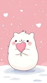 Sweet little hamster shares a pink heart lollipop with love
