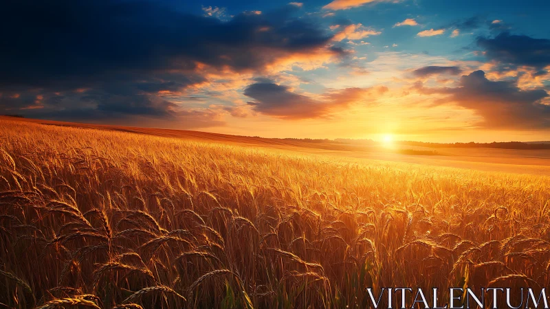 Golden wheat field under vivid sunset sky panorama.