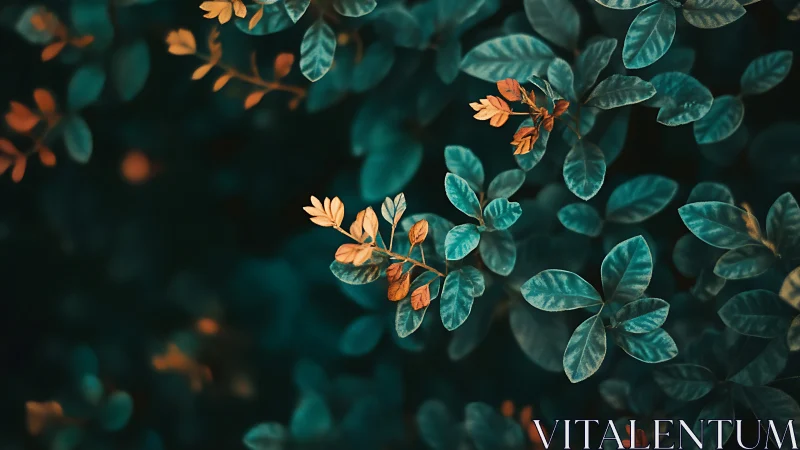 Teal foliage with orange leaves in soft natural focus.