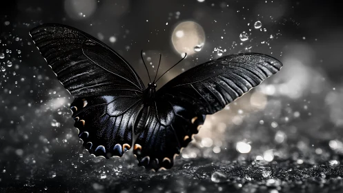 Black butterfly with wet wings in dramatic bokeh light.