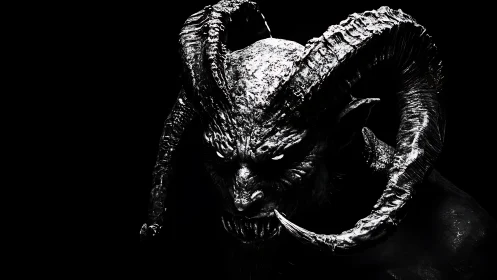 Demonic horned creature portrait in stark black and white.
