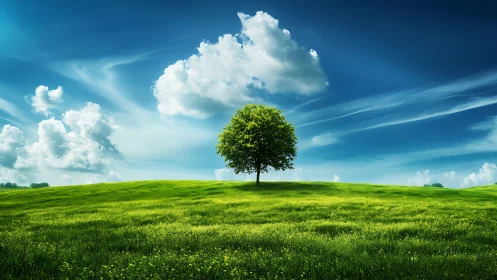 Lone Tree on Lush Green Hill Under Vibrant Blue Sky, Photorealistic.