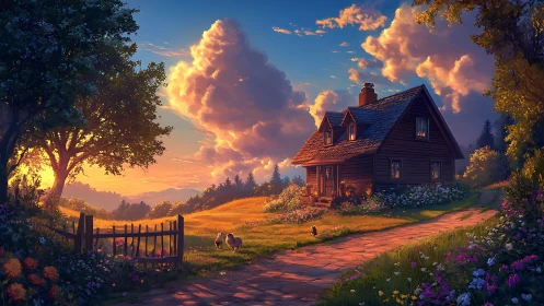 Sunlit country house stands beside curved path at sunset