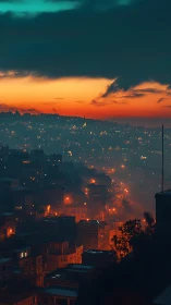 Hillside cityscape under misty dusk sky glow.