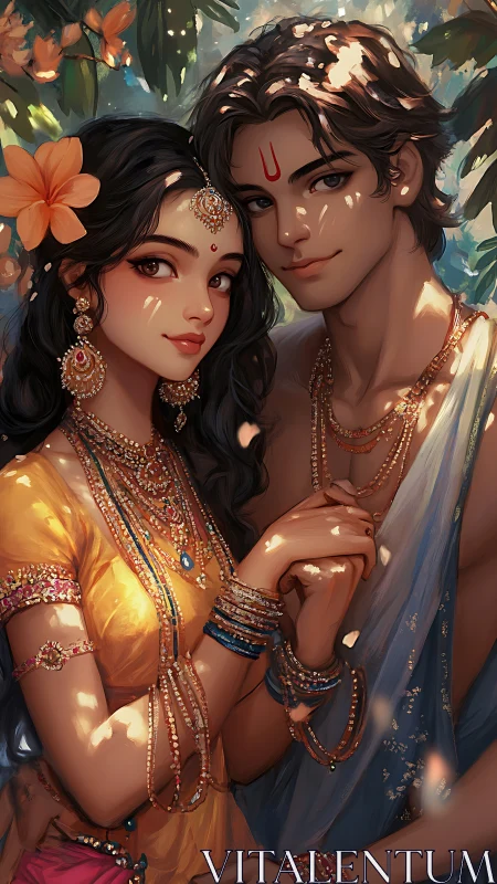 Couple in traditional attire stands under dappled foliage light