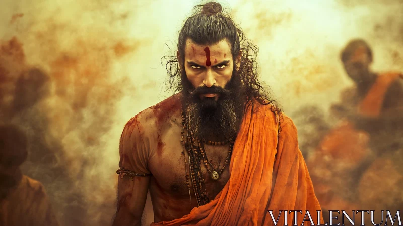 Warrior monk strides through smoke with intense fiery gaze.