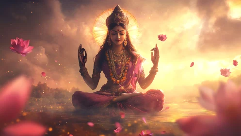 Divine female figure meditating amid glowing lotus light.