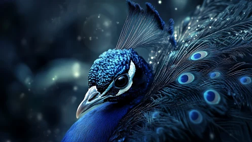 Close peacock portrait with detailed blue plumage in bokeh.