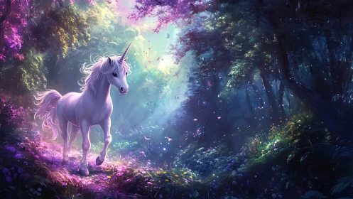 White unicorn in luminous forest path with dense foliage.