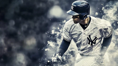 Baseball hitter drives forward through explosive smoky haze