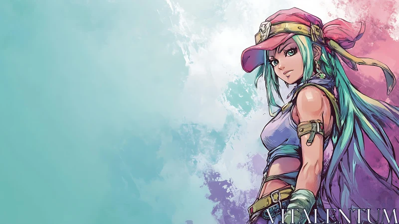 Side-view portrait of teal-haired woman in cap, pastel field.