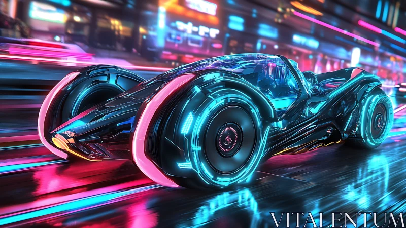 Neon-trimmed cybercar races through wet cityscape with motion blur