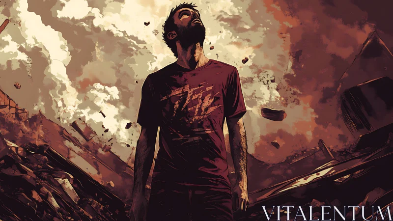 Survivor stands amid burning ruins under explosive sky.