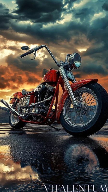 Custom red chopper stands bold beneath a stormy sunset sky