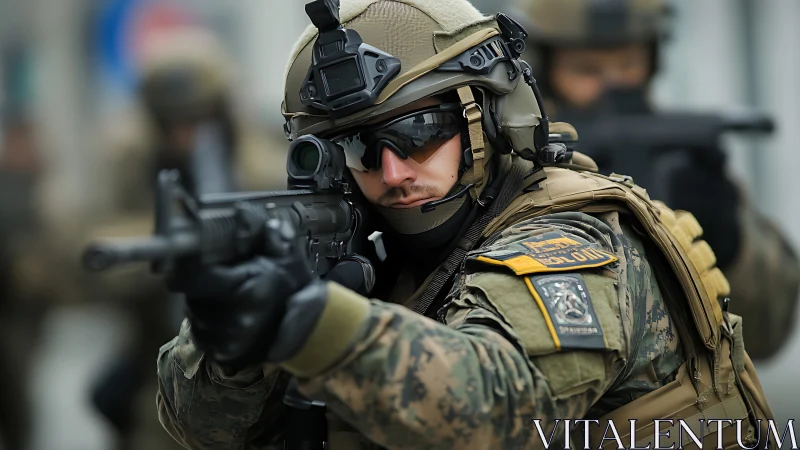 Urban tactical unit holding formation under tense focus.
