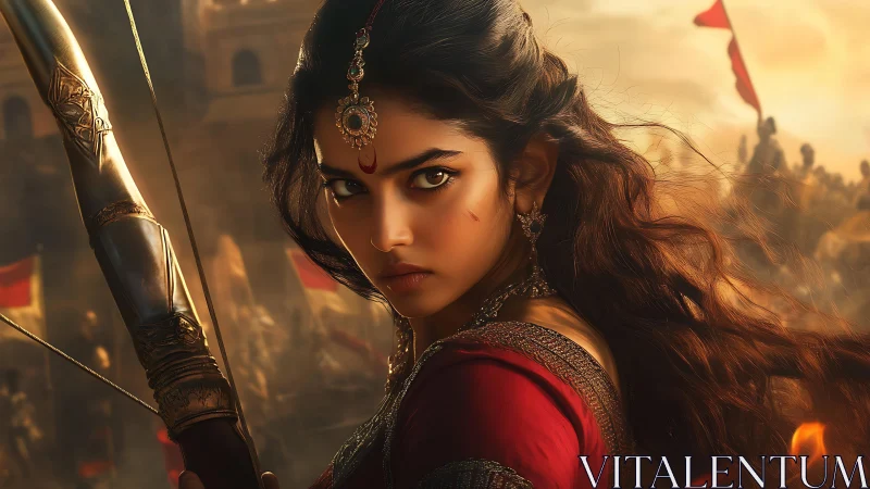 Warrior princess poised in golden dusk before battle lines.