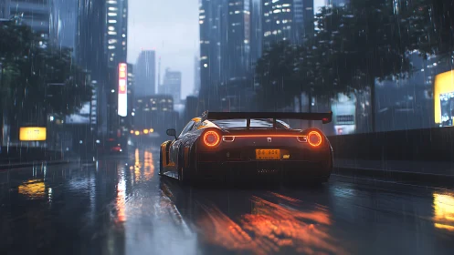 Orange sports car in rainy neon city street at night.