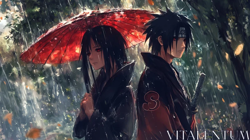 Quiet anime friends sharing a red umbrella in the rain.
