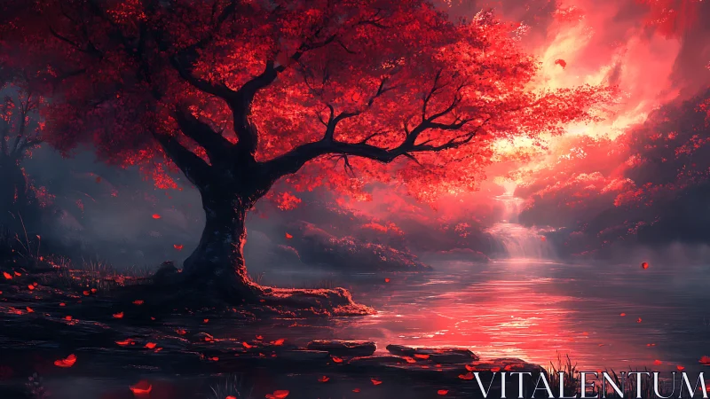 Crimson tree glows beside a tranquil waterfall at dusk