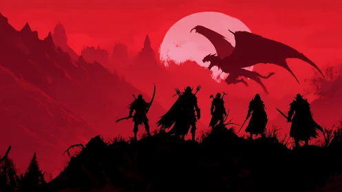 Silhouetted warriors confront flying dragon before red moon