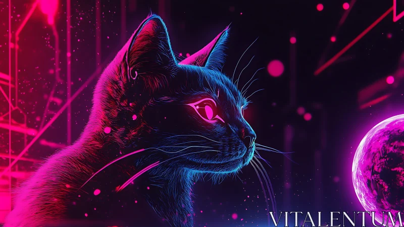 Neon outlined cat profile facing glowing pink planet.