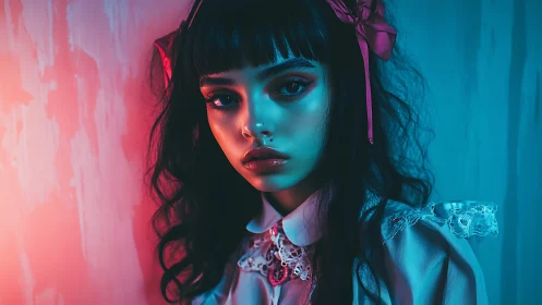 Bicolor neon portrait with cinematic depth-of-field lighting.