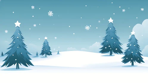 Stylized snowy fir trees under soft teal winter sky.