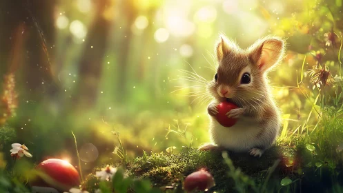 Tiny forest mouse sharing a sunlit berry moment.