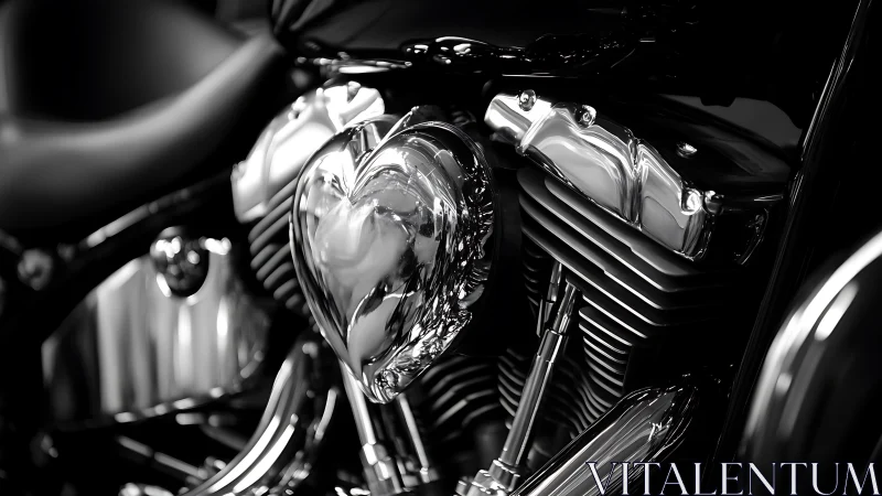 Chrome heart engine glows in monochrome motorcycle closeup.