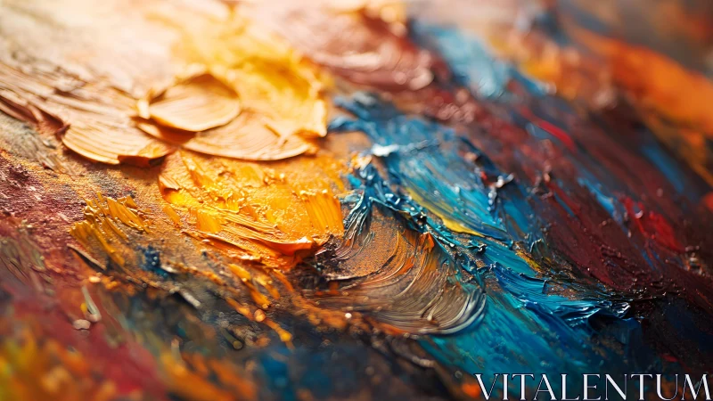 Abstract Oil Painting Closeup with Bold Blue and Orange Brushstrokes.