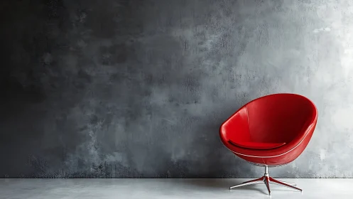 Red upholstered lounge chair positioned against textured gray wall.