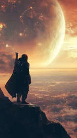 Starlit wanderer studies a burning planet over city clouds