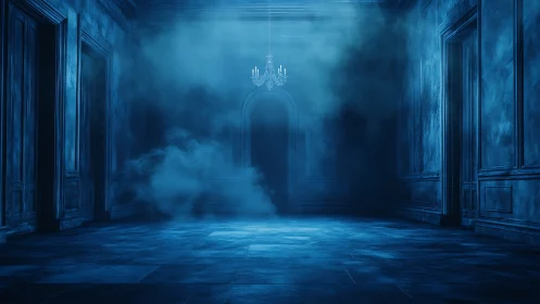Deserted blue hallway with chandelier and dense fog.