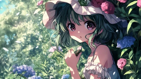 Soft summer sunlight wraps a shy garden girl in blossoms